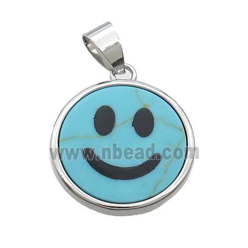 Blue Dye Turquoise Emoji Pendant Smileface Circle Platinum Plated