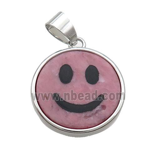 Pink Rhodonite Emoji Pendant Smileface Circle Platinum Plated