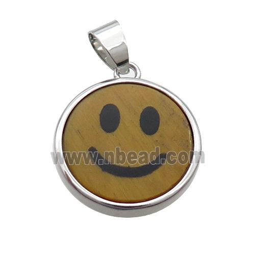 Tiger Eye Stone Emoji Pendant Smileface Circle Platinum Plated