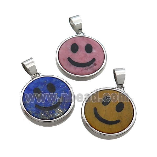 Mixed Gemstone Emoji Pendant Smileface Circle Platinum Plated