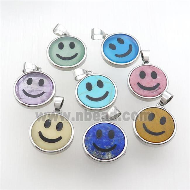 Mixed Gemstone Emoji Pendant Smileface Circle Platinum Plated