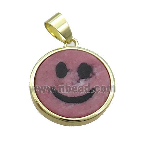 Pink Rhodonite Emoji Pendant Smileface Circle Gold Plated
