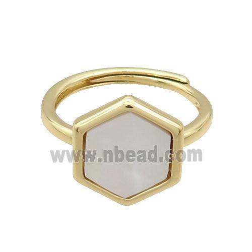Copper Ring Pave White Pearlized Shell Hexagon Adjustable Gold Plated