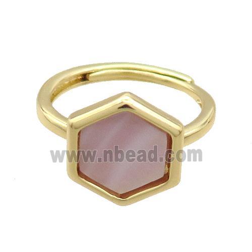 Copper Ring Pave Pink Queen Shell Hexagon Adjustable Gold Plated