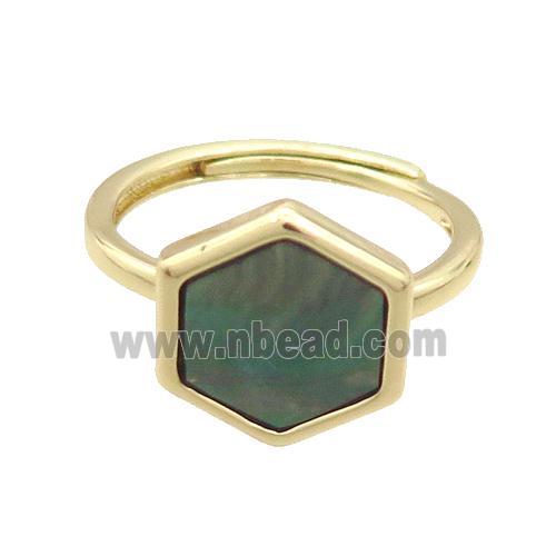 Copper Ring Pave Gray Abalone Shell Hexagon Adjustable Gold Plated