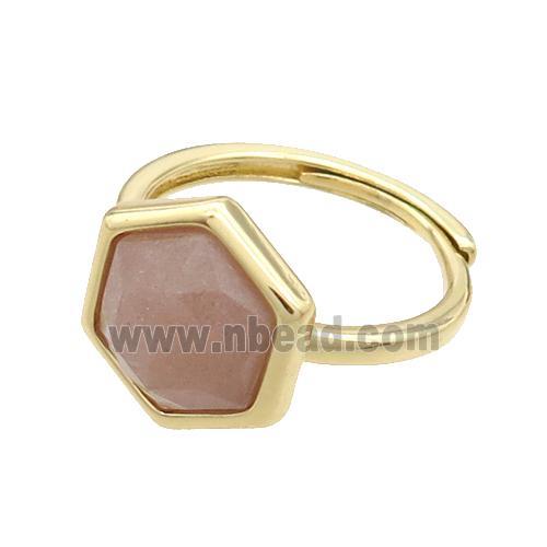 Peach Moonstone Copper Ring Hexagon Adjustable Gold Plated