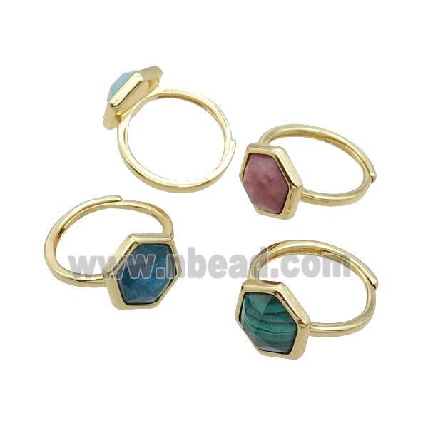 Mixed Gemstone Copper Ring Hexagon Adjustable Gold Plated