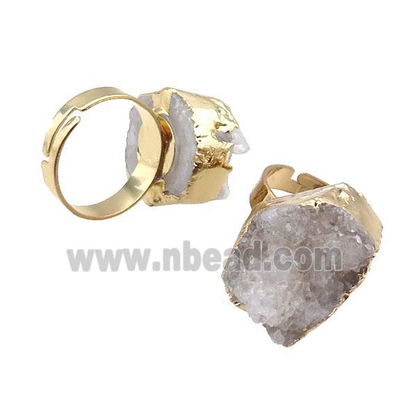 White Druzy Quartz Copper Ring Adjustable Gold Plated