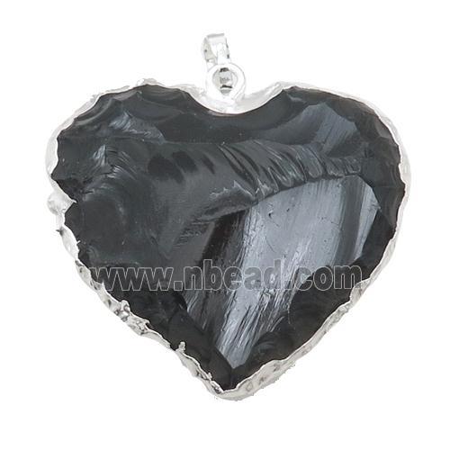 Natural Obsidian Heart Pendant Hammered Silver Plated