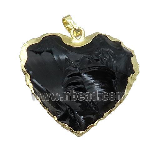 Natural Obsidian Heart Pendant Hammered Gold Plated