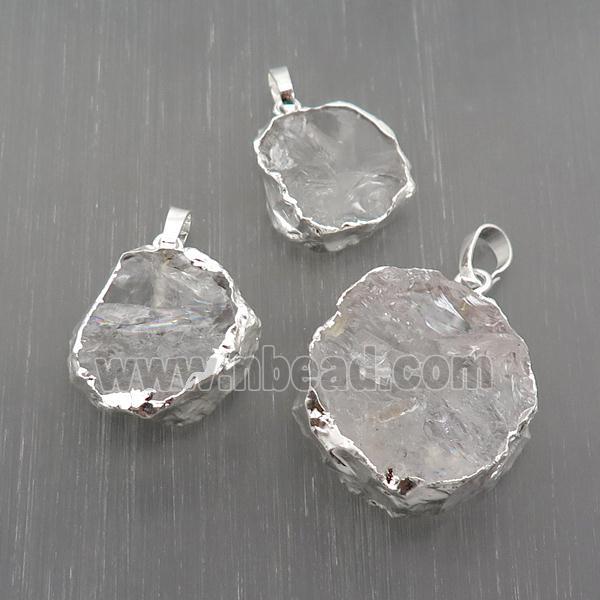 Hammered Clear Quartz Pendant Circle Silver Plated