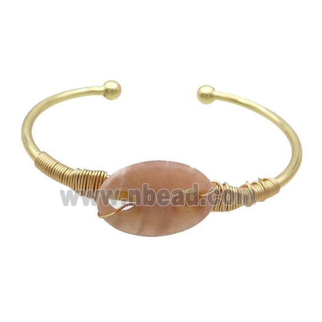 Copper Bangle With Peach Sunstone Wire Wrapped Gold Plated