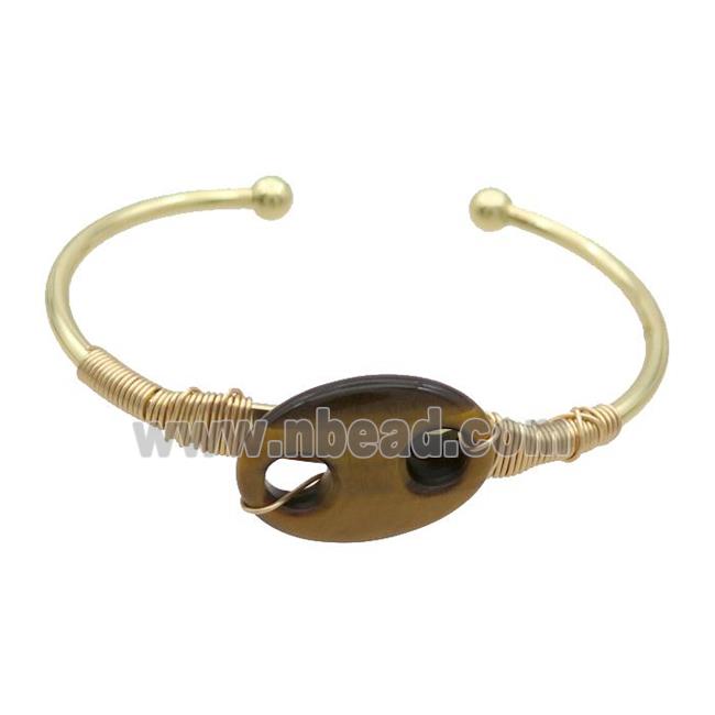 Copper Bangle With Tiger Eye Stone Wire Wrapped Gold Plated