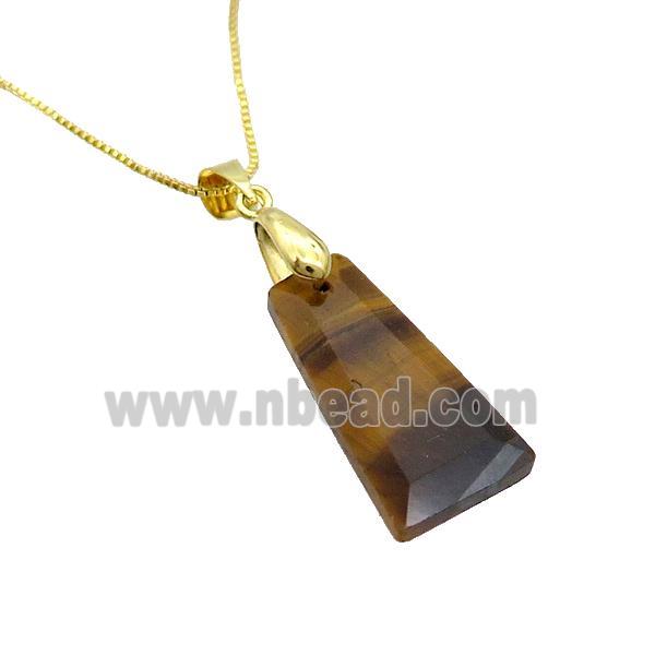 Natural Tiger Eye Stone Necklace Trapeziform Copper Gold Plated