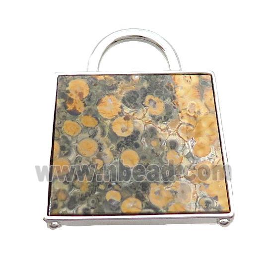 Natural Yellow LeopardSkin Jasper Bag Pendant Platinum Plated