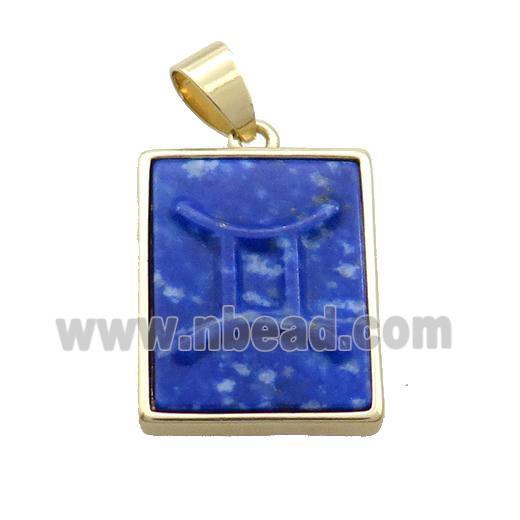 Natural Blue Lapis Lazuli Pendant Zodiac Gemini Rectangle Gold Plated