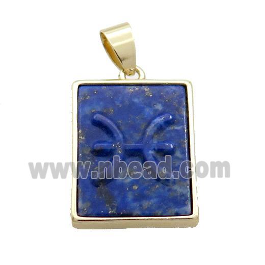 Natural Lapis Lazuli Pendant Zodiac Pisces Blue Rectangle Gold Plated