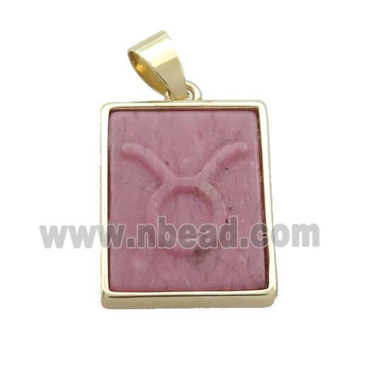 Natural Pink Wood Lace Jasper Pendant Zodiac Leo Rectangle Gold Plated