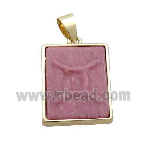Natural Pink Wood Lace Jasper Pendant Zodiac Pisces Rectangle Gold Plated