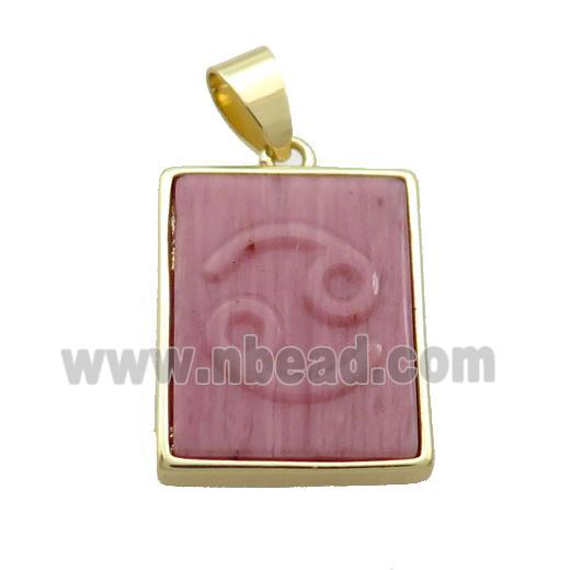 Natural Pink Wood Lace Jasper Pendant Zodiac Cancer Rectangle Gold Plated