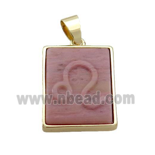 Natural Pink Wood Lace Jasper Pendant Zodiac Taurus Rectangle Gold Plated