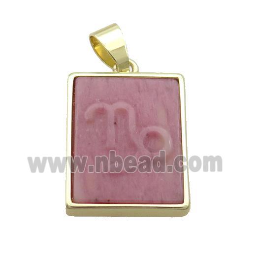 Natural Pink Wood Lace Jasper Pendant Zodiac Capricorn Rectangle Gold Plated