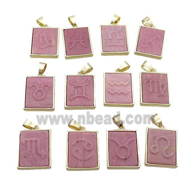 Natural Pink Wood Lace Jasper Pendant Zodiac Mixed Rectangle Gold Plated