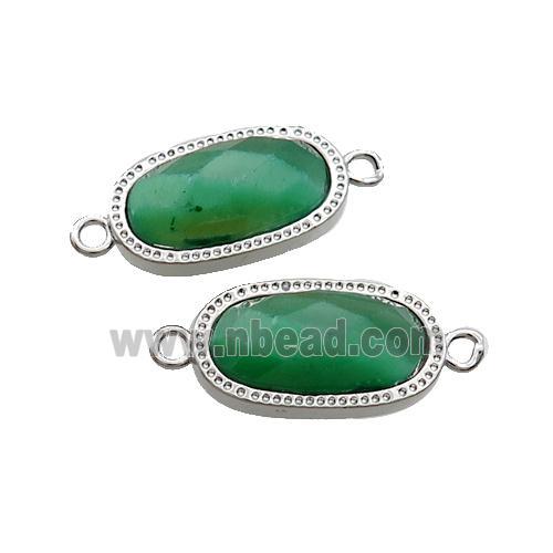 Green Tiger Eye Stone Oval Connector Platinum Plated