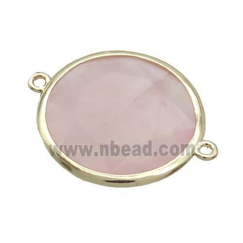 Pink Rose Quartz Circle Connector Faceted Gold Plated