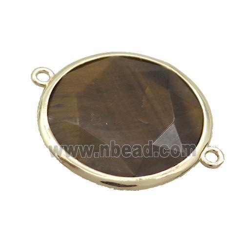 Natural Tiger Eye Stone Circle Connector Faceted Gold Plated
