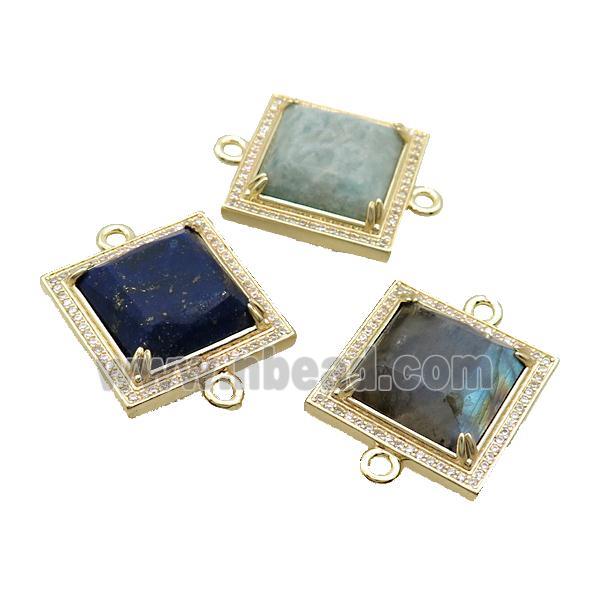 Copper Square Connector Pave Gemstone Gold Plated Mixed