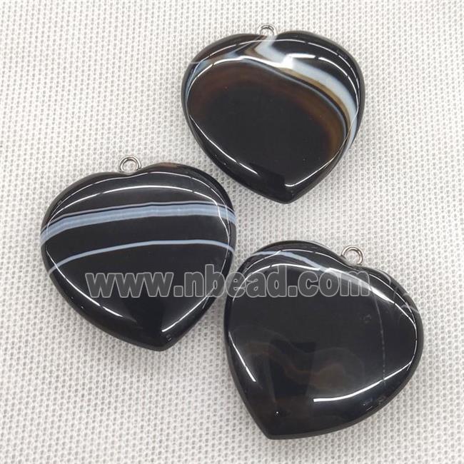 Natural Black Stripe Agate Banded Heart Pendant
