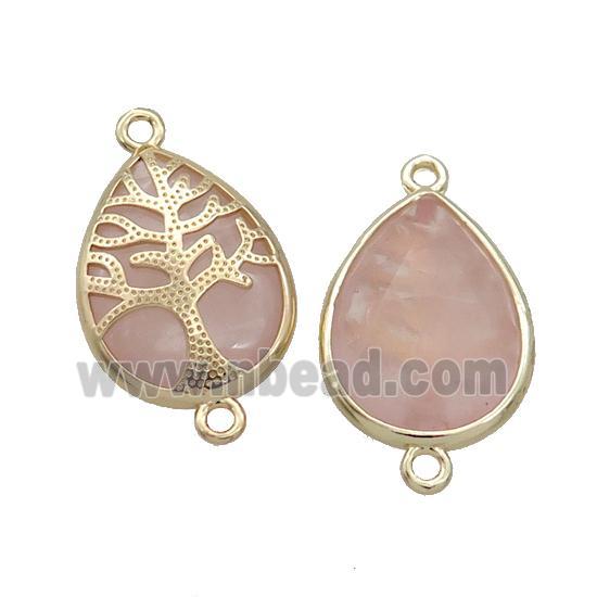 Pink Rose Quartz Teardrop Connector Tree Of Life Gold Plted