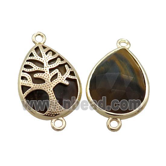 Natural Tiger Eye Stone Teardrop Connector Tree Of Life Gold Plted