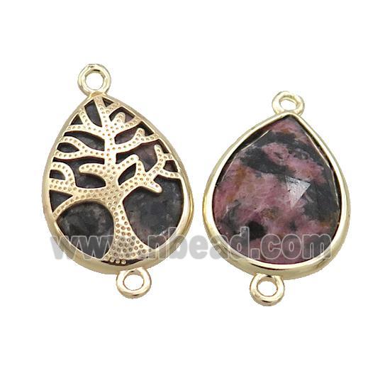 Natural Pink Rhodonite Teardrop Connector Tree Of Life Gold Plted