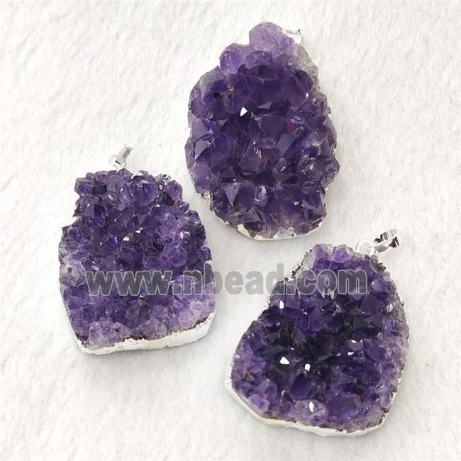 Natural Amethyst Druzy Cluster Pendant Freeform Silver Plated