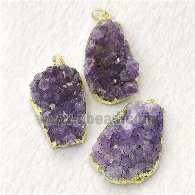 Natural Amethyst Druzy Cluster Pendant Freeform Gold Plated