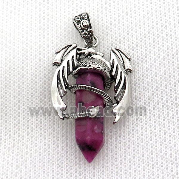 Alloy Dragon Pendant Pave Red Jade Dye Antique Silver