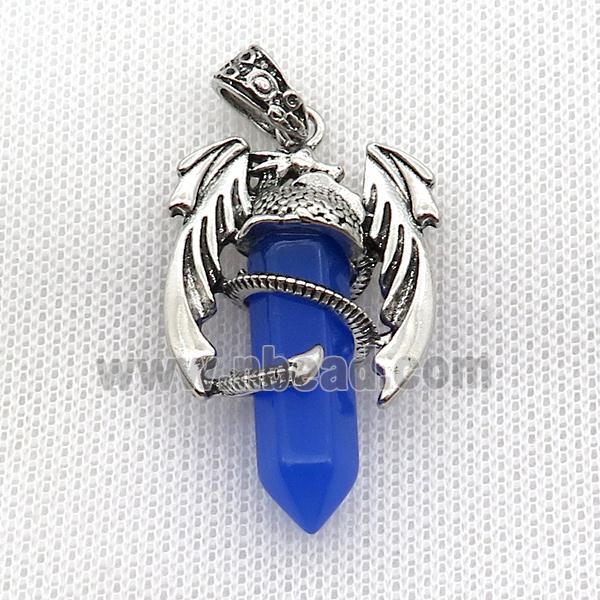 Alloy Dragon Pendant Pave Blue Crystal Glass Antique Silver