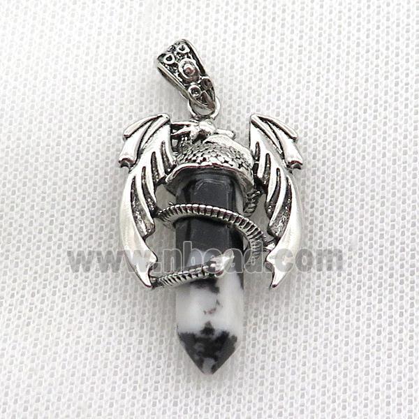 Alloy Dragon Pendant Pave Black White Zebra Jasper Antique Silver