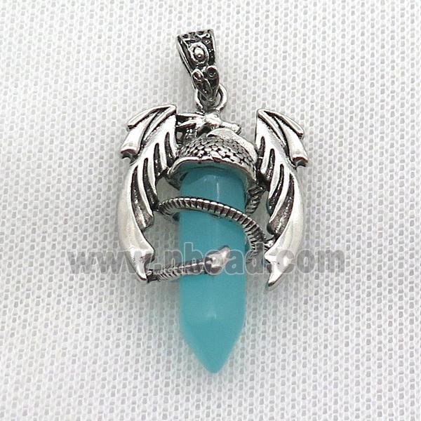 Alloy Dragon Pendant Pave Teal Crystal Glass Antique Silver