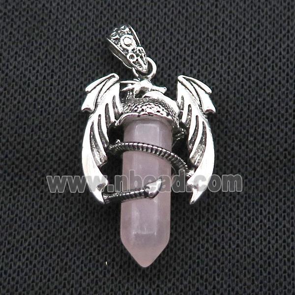Alloy Dragon Pendant Pave Pink Rose Quartz Antique Silver