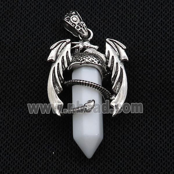 Alloy Dragon Pendant Pave White Jade Antique Silver