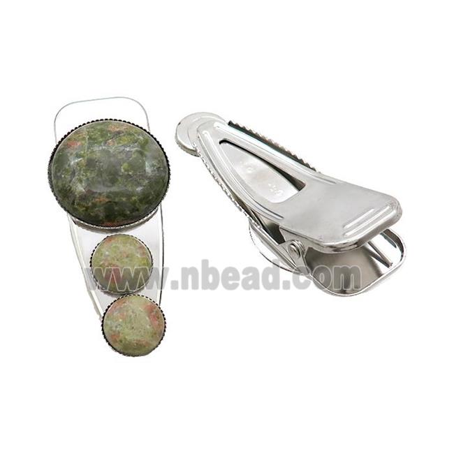 Copper Hair Clips Pave Unakite Platinum Plated
