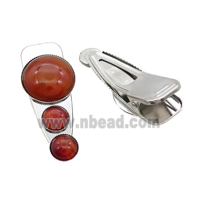 Copper Hair Clips Pave Red Agate Platinum Plated