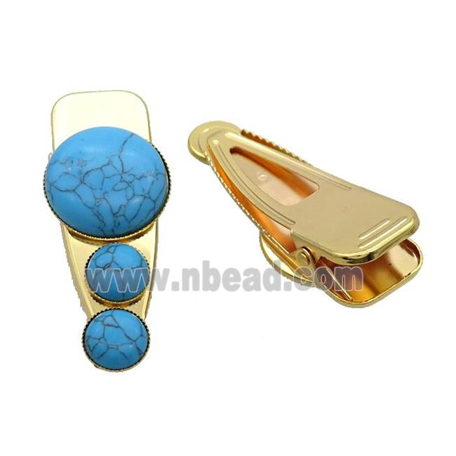 Copper Hair Clips Pave Blue Dye Turquoise Gold Plated