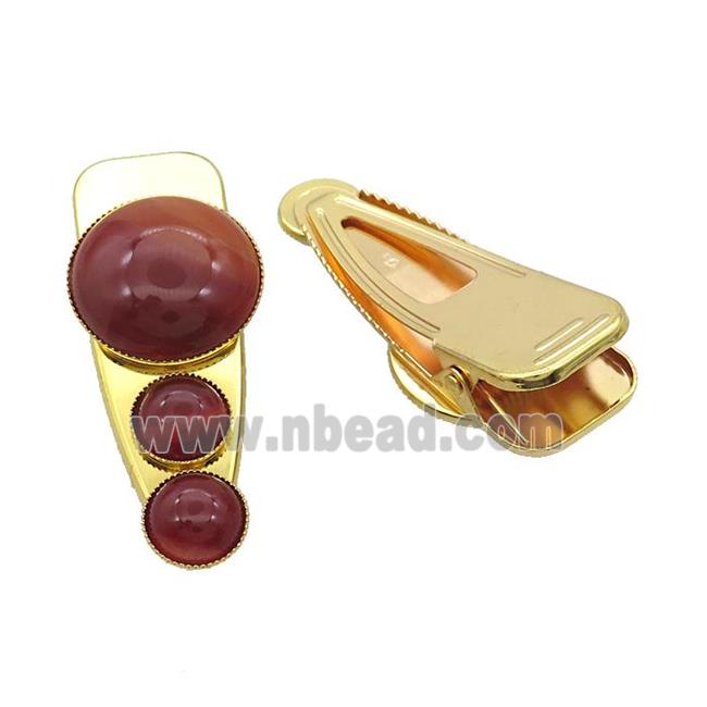 Copper Hair Clips Pave Red Agate Gold Plated