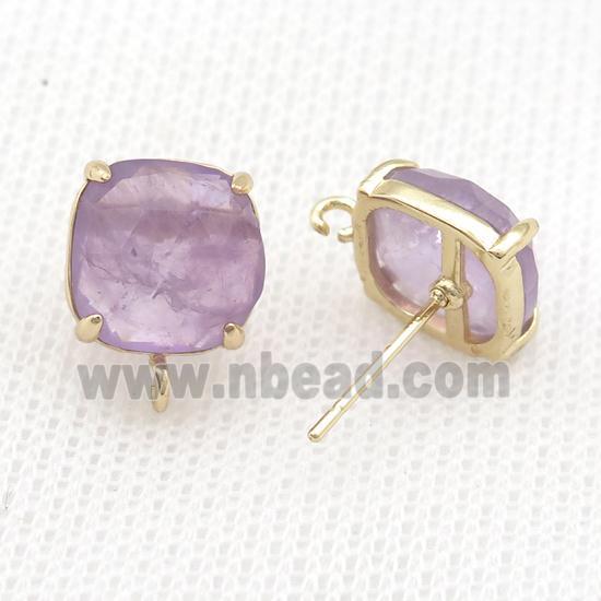 Copper Stud Earring Pave Purple Amethyst Square Gold Plated