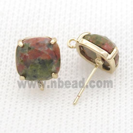 Copper Stud Earring Pave Unakite Square Gold Plated