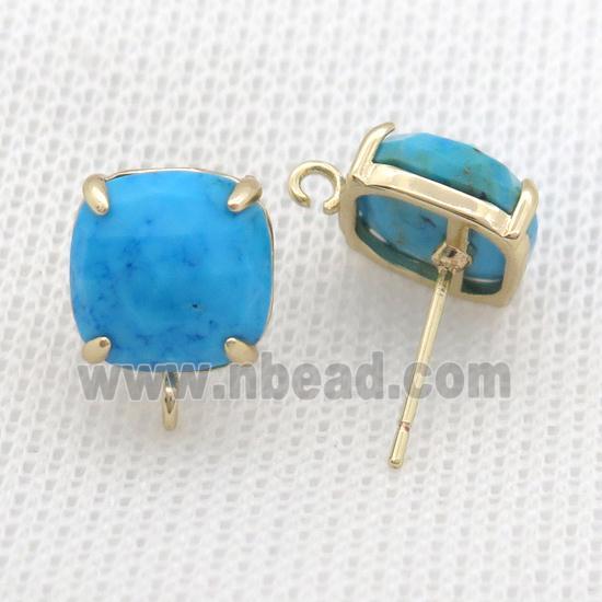 Copper Stud Earring Pave Blue Turquoise Dye Square Gold Plated